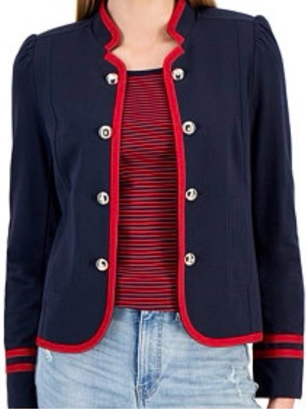 Tommy Hilfiger Women L Navy Blue Red Preppy Nautical Open Front Military Jacket